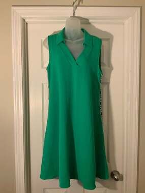 DKNY Women's Green Sleeveless Polo Dress with Logo Side Tape